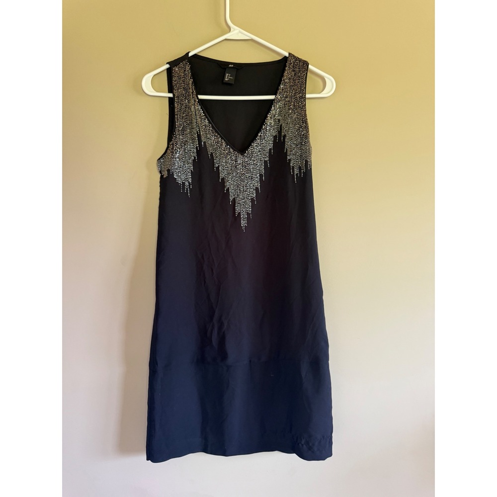 HM Black Sleeveless Shift Dress Silver Rhinestone Embellished V-Neck Mini Size 4